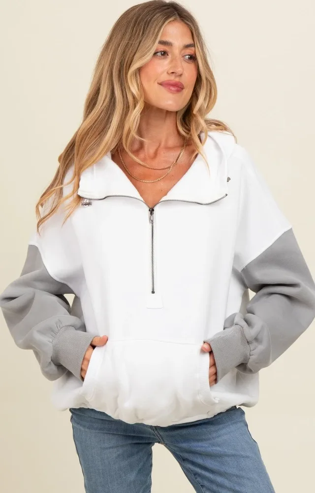 White Colorblock Half Zip Maternity Hoodie