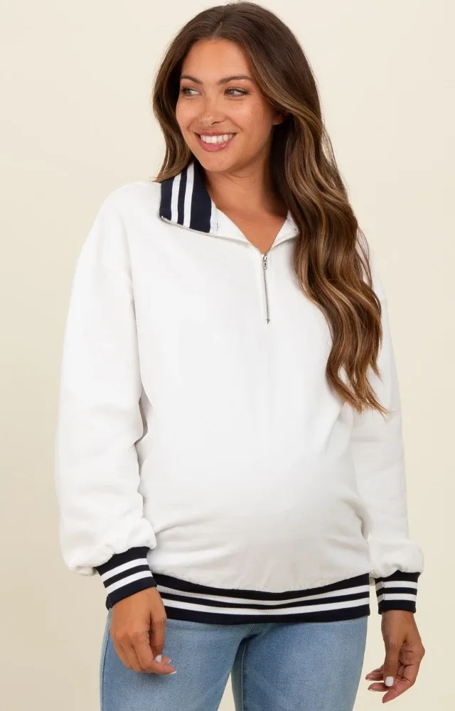 White Contrast Stripe Maternity Half Zip Pullover