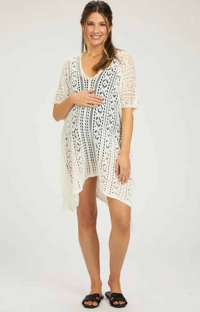 White Crochet Knit Maternity Swim Cover Up