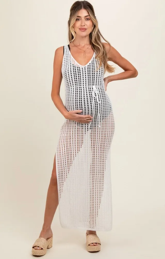 White Crochet V-Neck Side Slit Maternity Cover Up