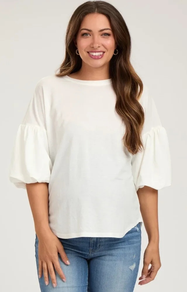 White Drop Shoulder Puff Sleeve Maternity Top