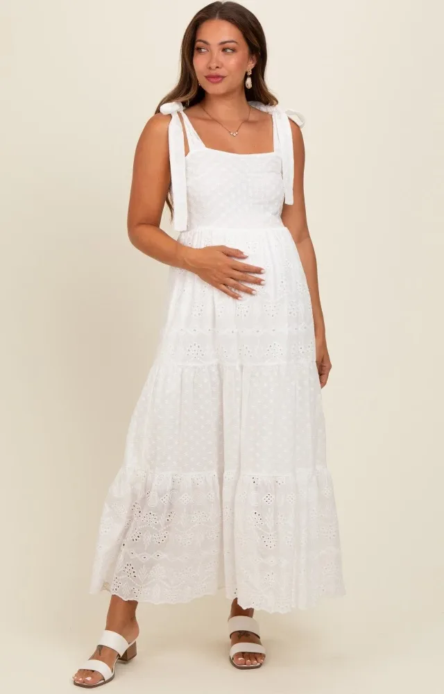 White Embroidered Eyelet Lace Maternity Maxi Dress