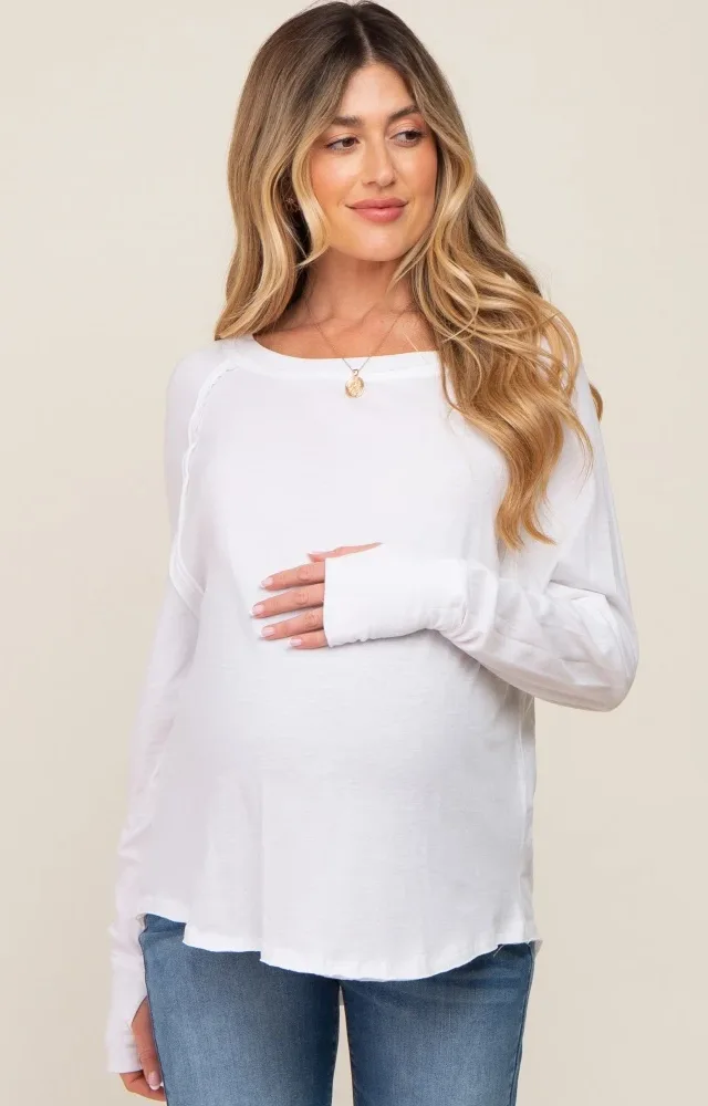 White Exposed Seam Long Sleeve Maternity Top