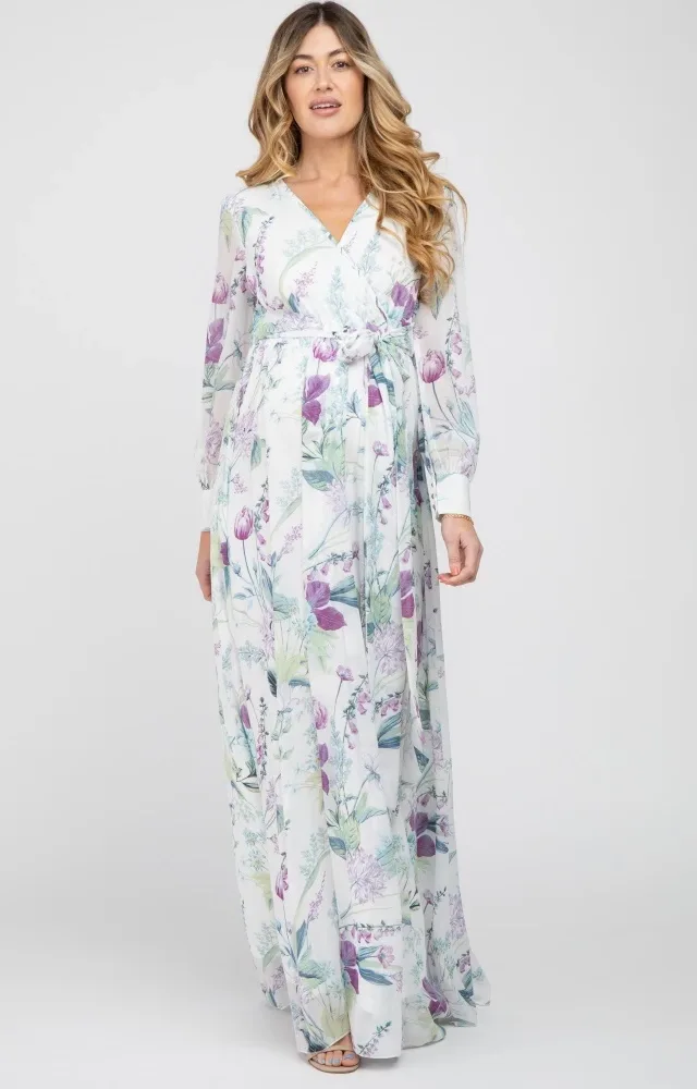 White Floral Chiffon Pleated Maternity Maxi Dress