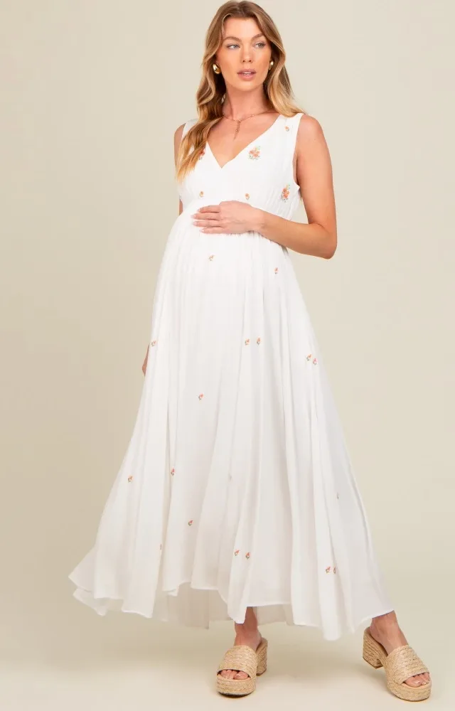 White Floral Embroidered Sleeveless Maternity Maxi Dress