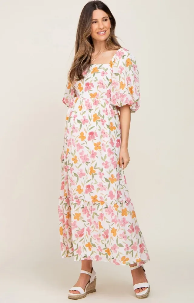 White Floral Puff Sleeve Maternity Maxi Dress