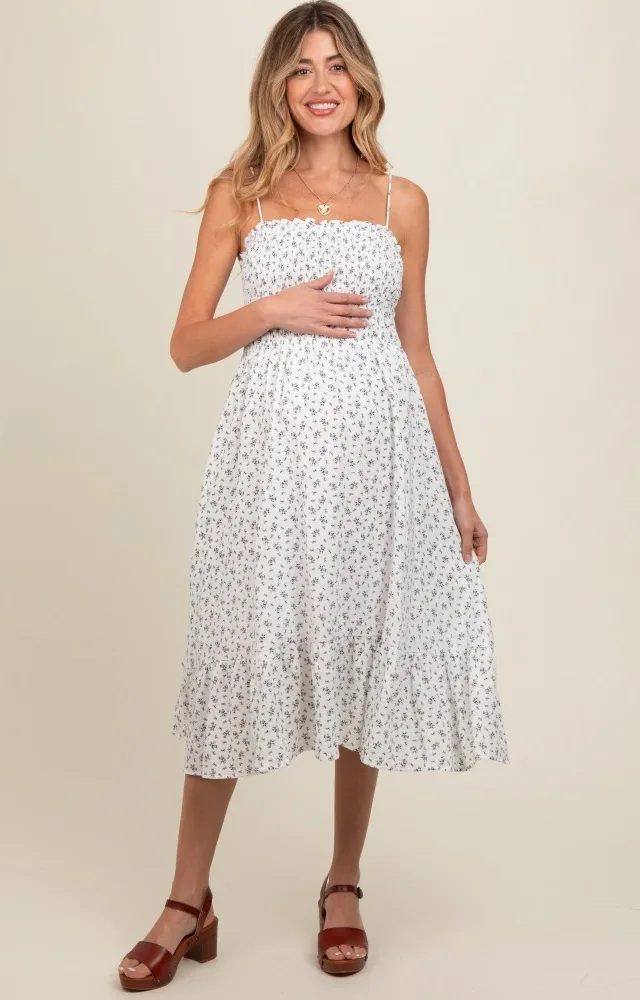 White Floral Smocked Sleeveless Maternity Midi Dress