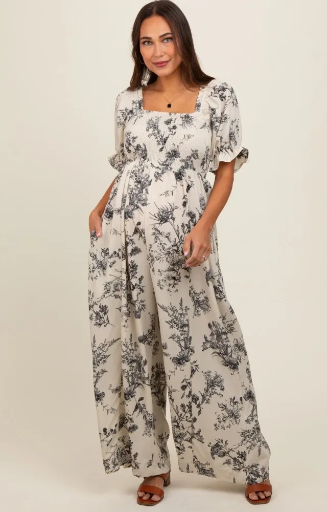 White Floral Smocked Square Neck Wide Leg Maternity Jumpsuit