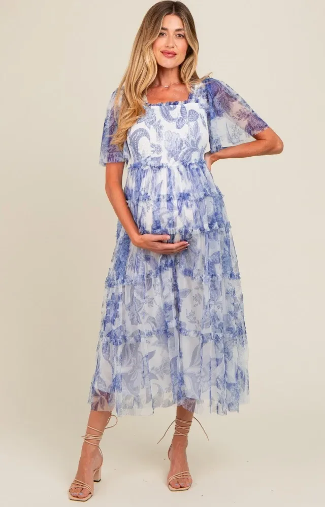 White Floral Smocked Tulle Maternity Maxi Dress