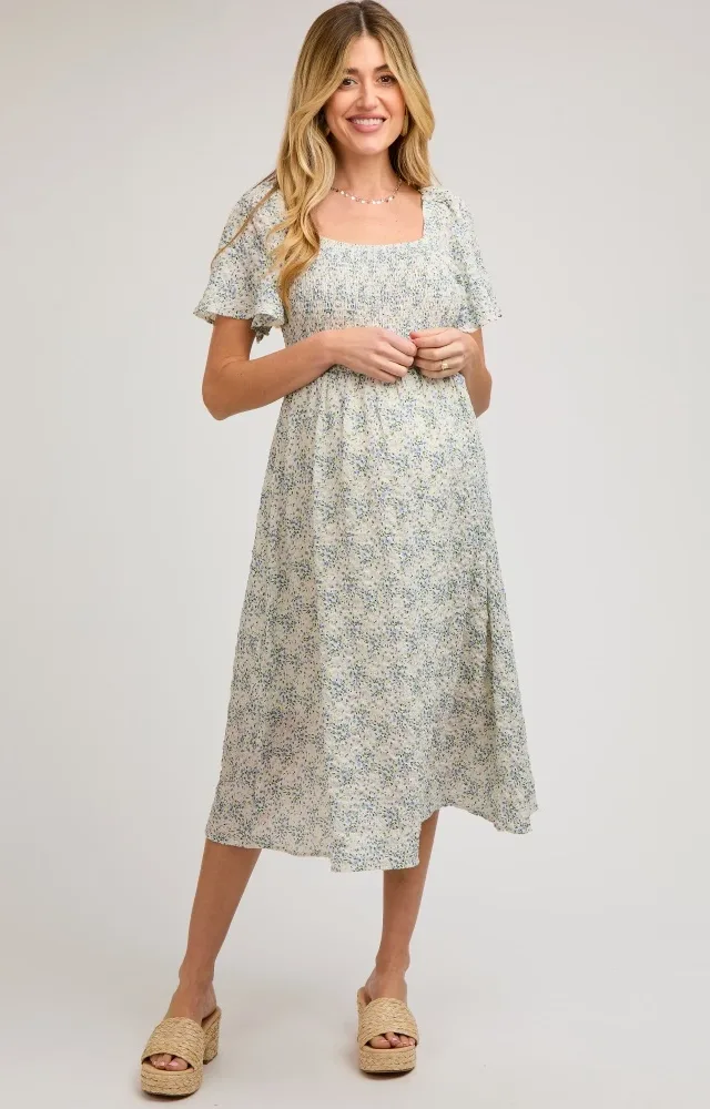 White Floral Square Neck Smocked Maternity Midi Dress