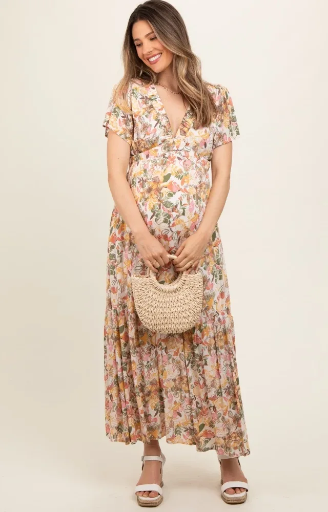 White Floral V-Neck Ruffle Maternity Maxi Dress