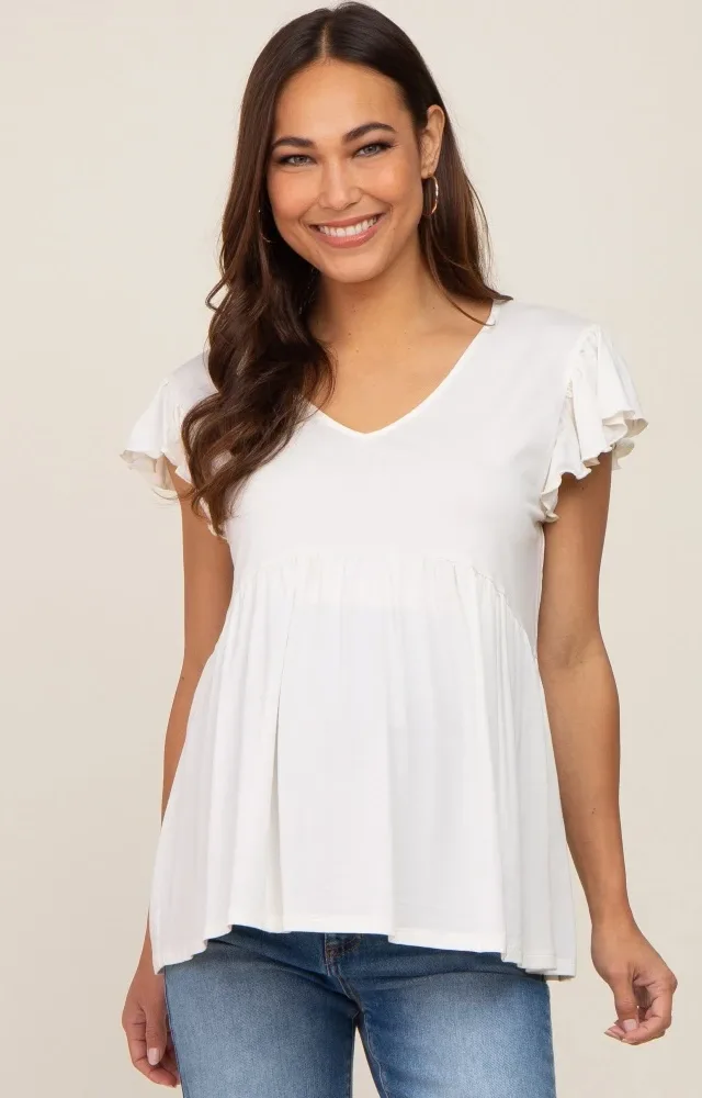 White Flutter Sleeve V-Neck Maternity Top