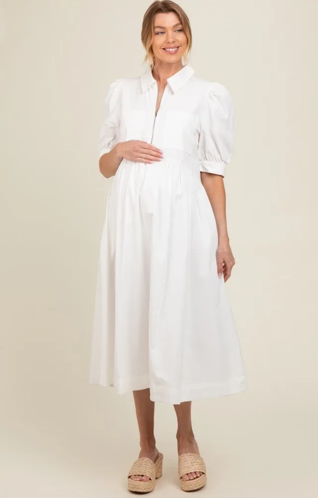 White Half Zip Maternity Midi Dress