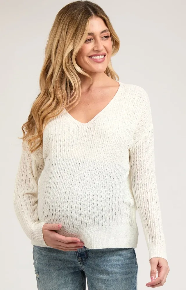 White Knit V-Neck Maternity Long Sleeve Top