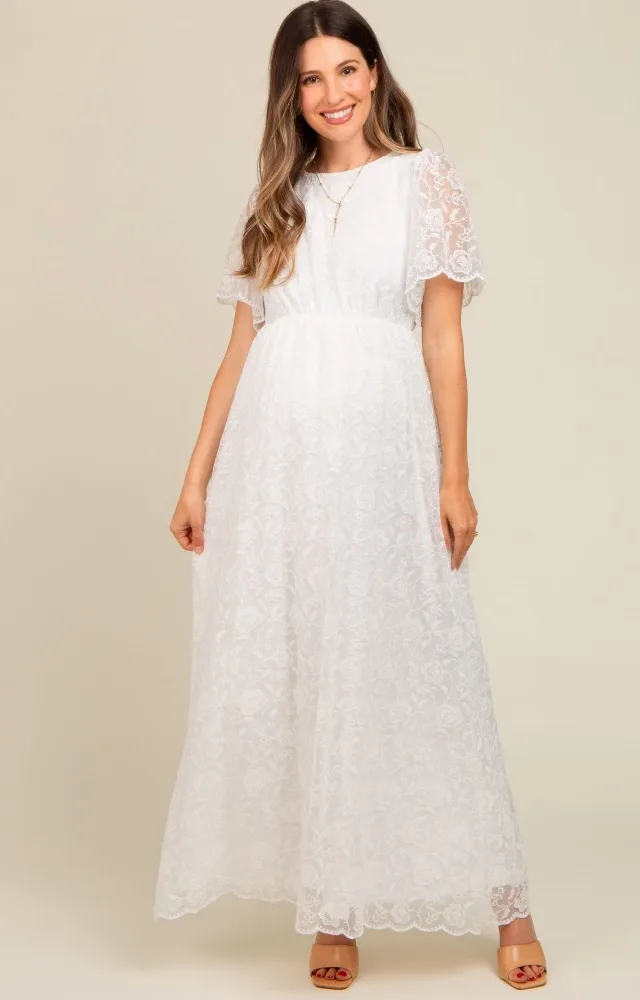 White Lace Sheer Lace Back Maternity Maxi Dress