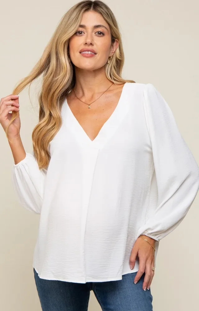 White Long Puff Sleeve Maternity Blouse Top