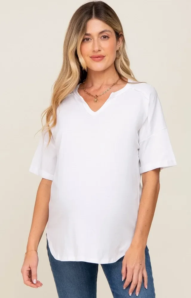 White Oversized V-Neck Cuffed Short Sleeve Maternity Tee