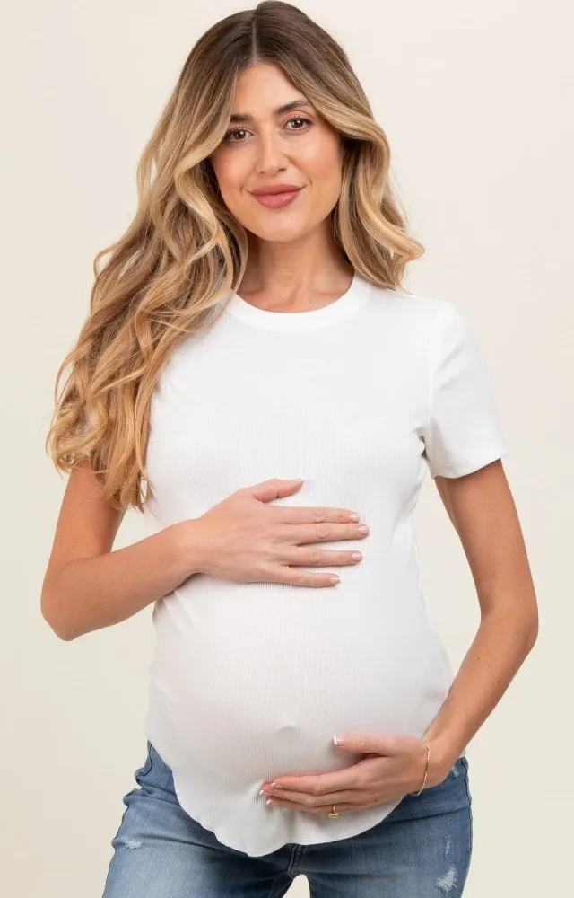 White Ribbed Short Sleeve Curved Hem Maternity Top