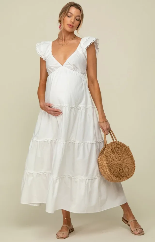 White Ruffle Trim Maternity Maxi Dress