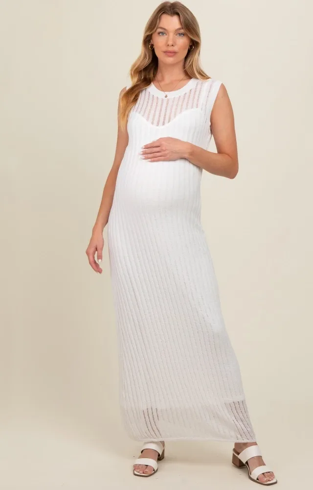 White Sheer Knit Layered Maternity Maxi Dress