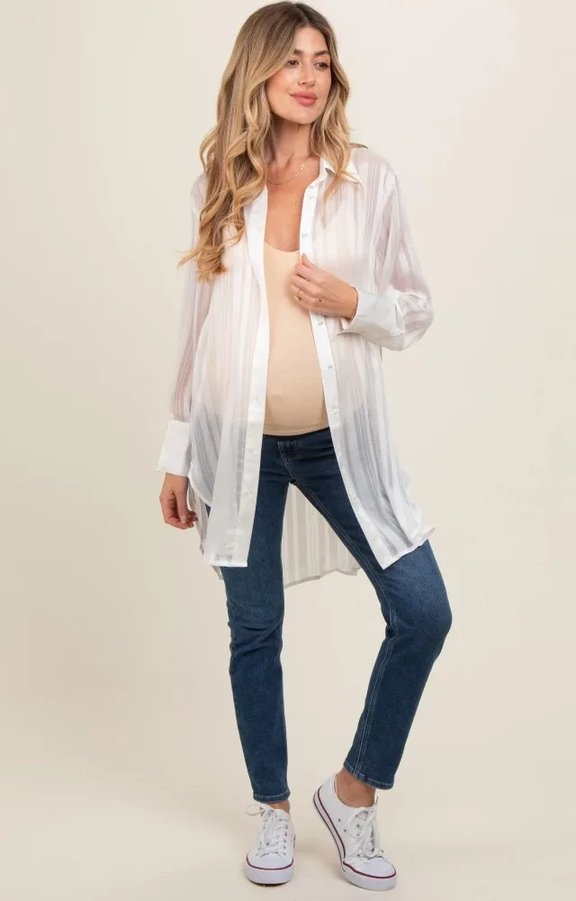 White Sheer Stripe Button Down Maternity Blouse