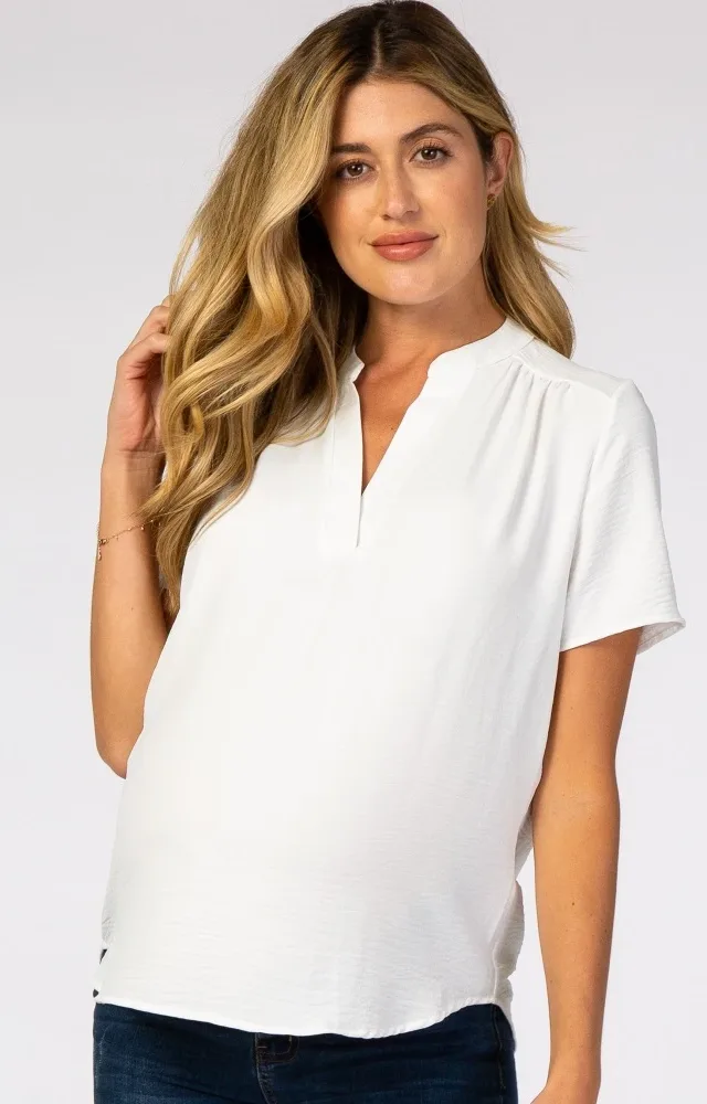 White Short Sleeve V-Neck Maternity Blouse