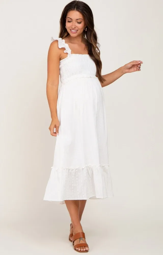 White Smocked Textured Maternity Midi Dress