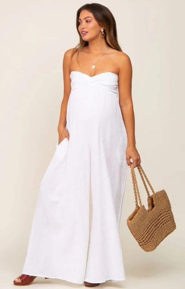 White Strapless Front Twist Maternity Jumpsuit