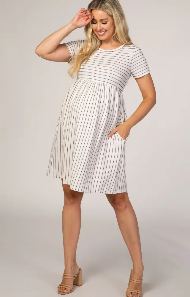 White Striped Maternity Babydoll Dress