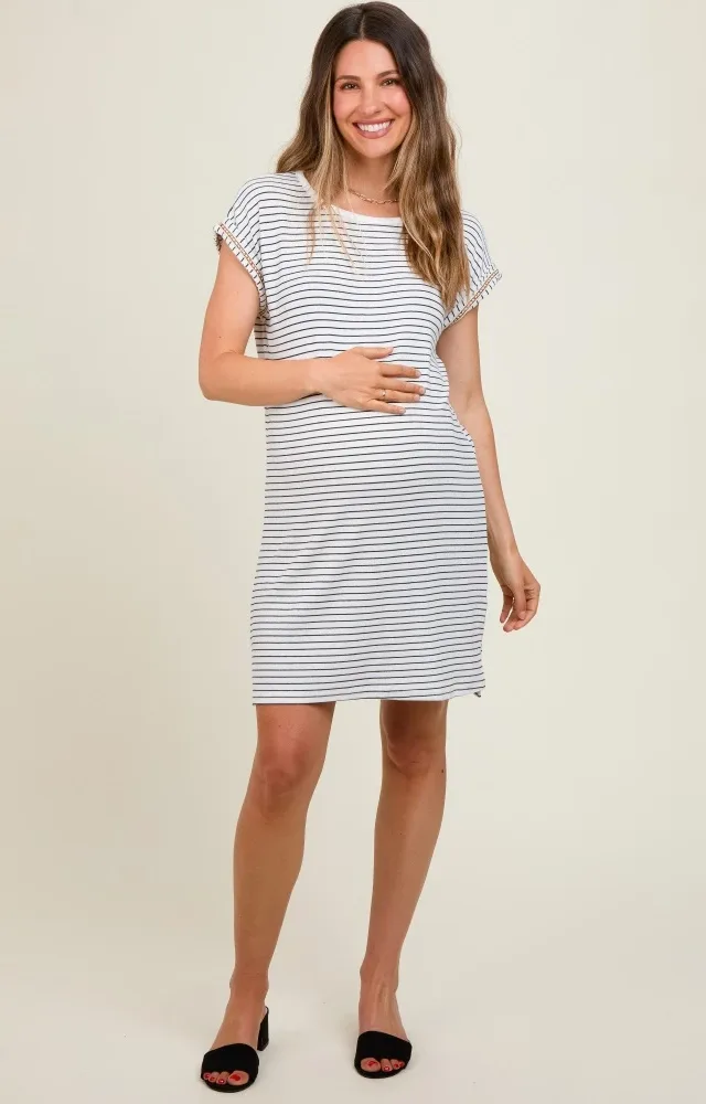 White Striped Maternity Side Slit Maternity T-Shirt Dress