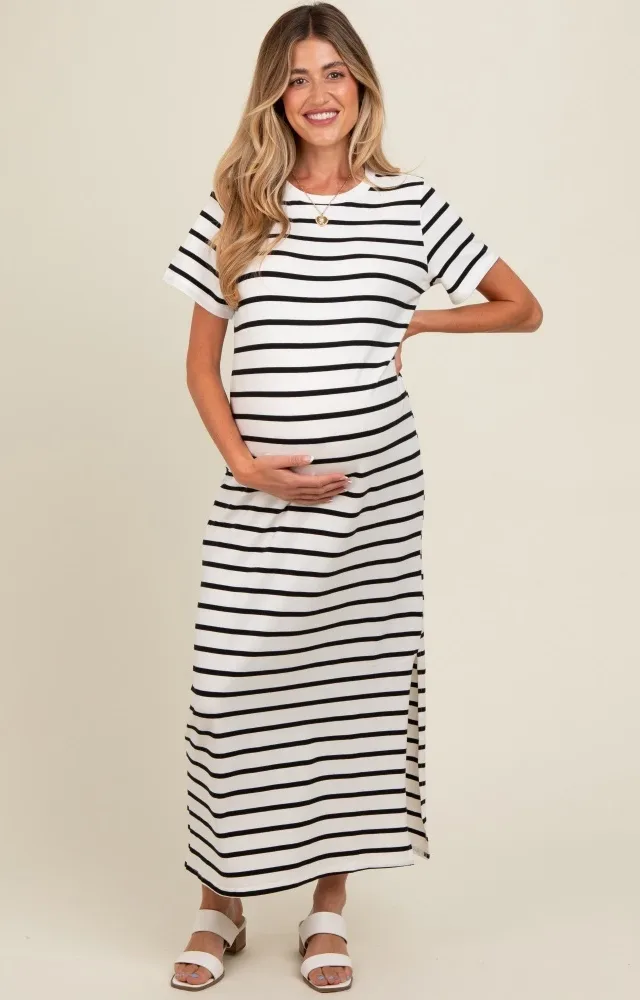 White Striped Side Slit Maternity Maxi Dress