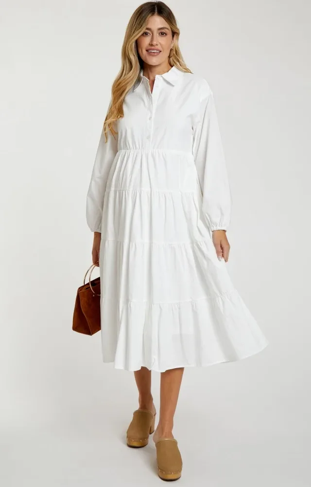 White Tiered Collared Maternity Midi Dress