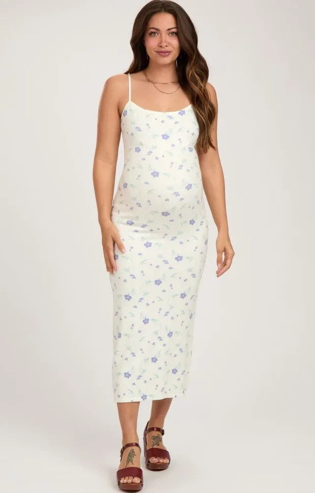 White Ultra Soft Knit Floral Sleeveless Maternity Midi Dress