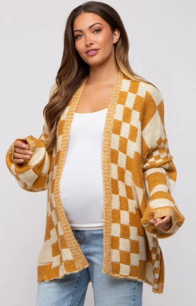 Yellow Checkered Plaid Maternity Oversized Cardigan