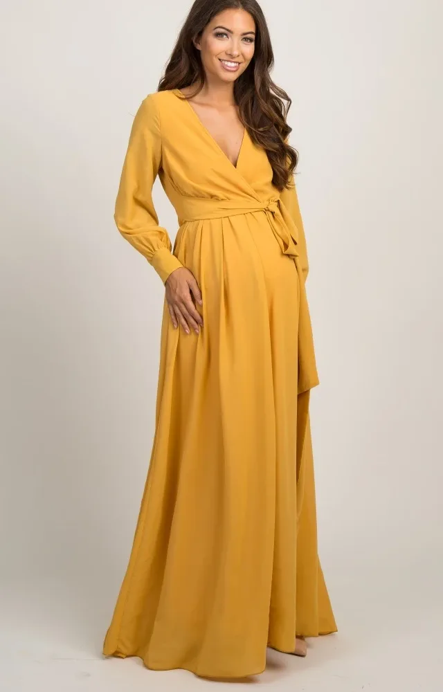 Yellow Chiffon Maternity Maxi Dress