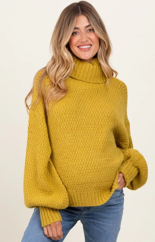 Yellow Chunky Knit Turtleneck Maternity Sweater