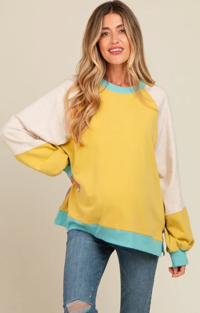 Yellow Colorblock Bubble Sleeve Maternity Pullover