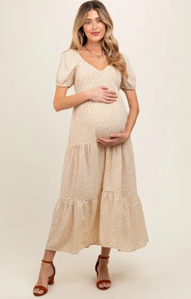 Yellow Ditsy Floral Tiered Maternity Midi Dress