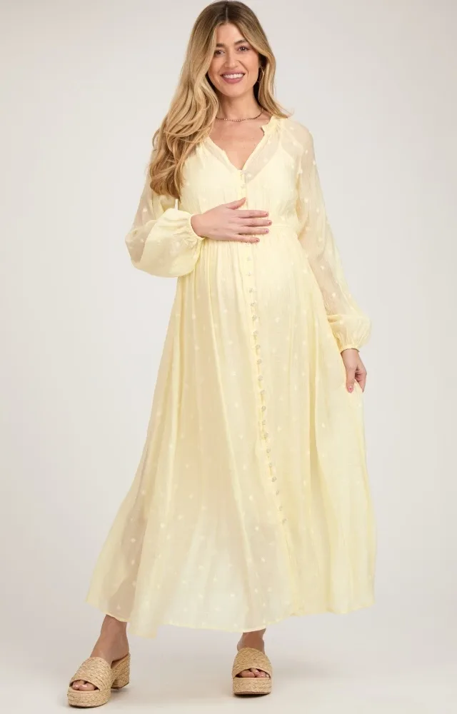 Yellow Embroidered Maternity Button Down Maxi Dress