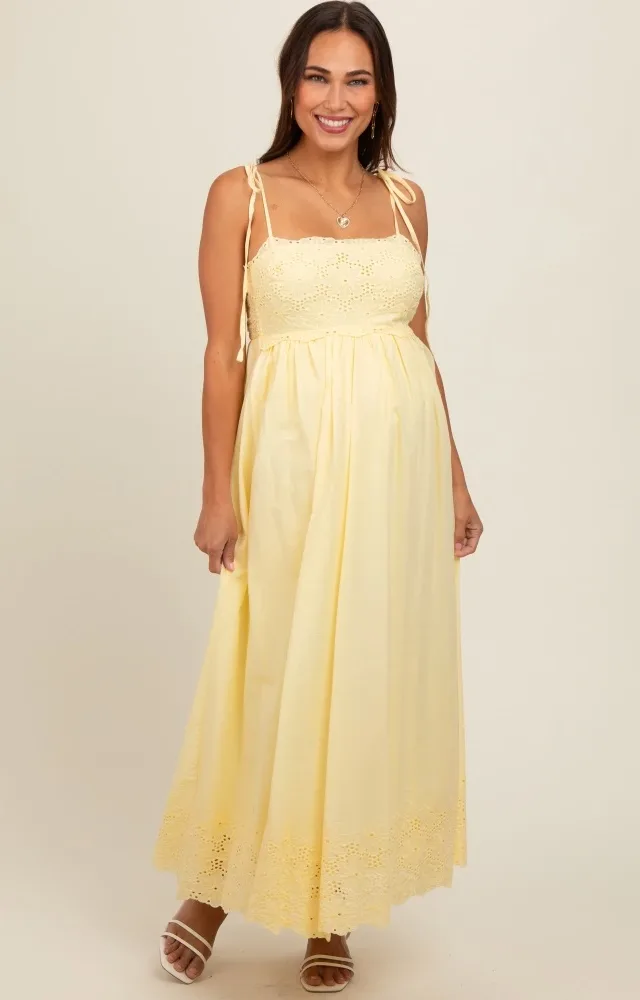 Yellow Eyelet Floral Shoulder Tie Maternity Dress