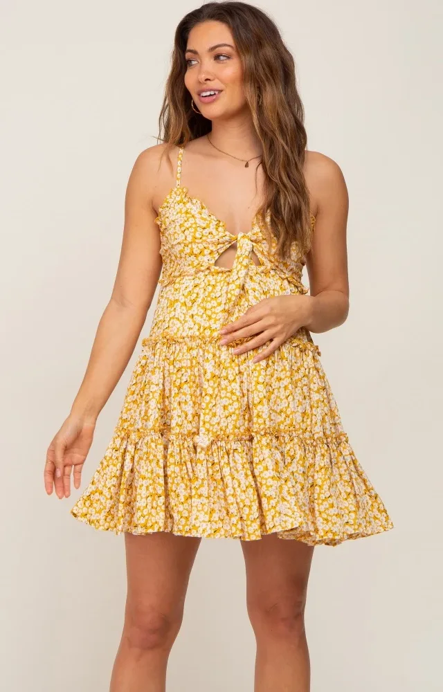 Yellow Floral Cut Out Tiered Ruffle Maternity Mini Dress