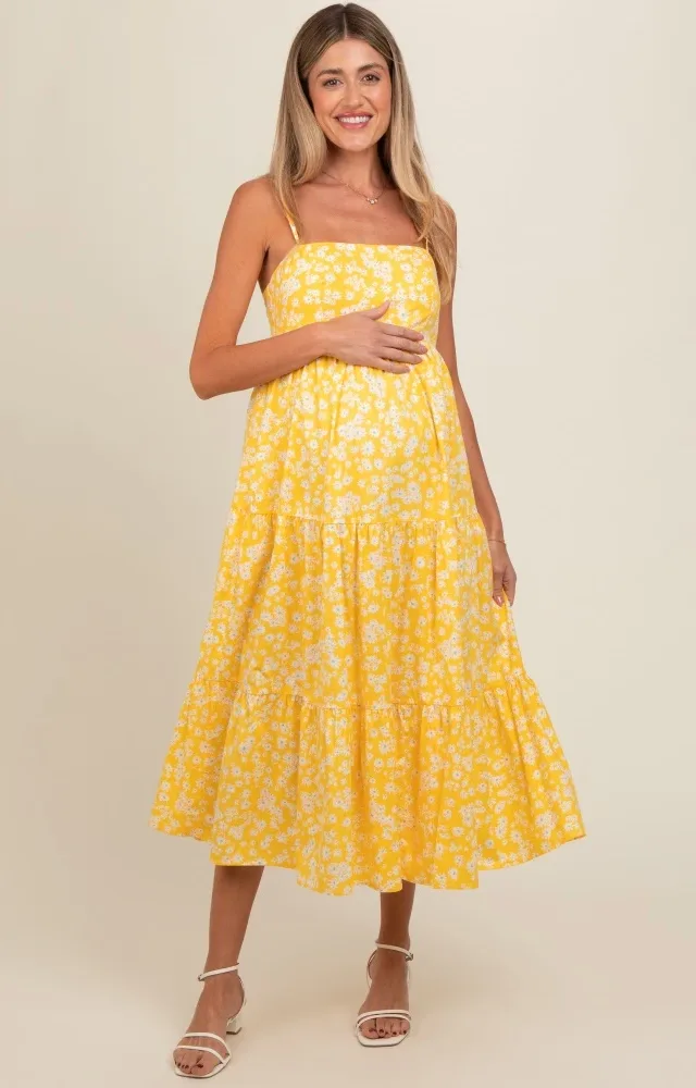 Yellow Floral Cutout Tie Back Maternity Midi Dress