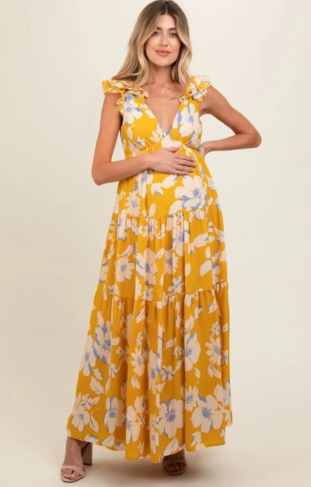 Yellow Floral Deep V-Neck Open Back Maternity Maxi Dress