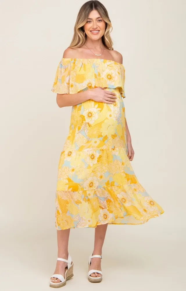 Yellow Floral Flounce Off Shoulder Maternity Dress