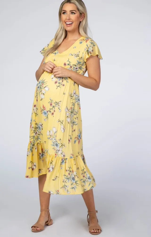 Yellow Floral Flounce Sleeve Midi Maternity Dress