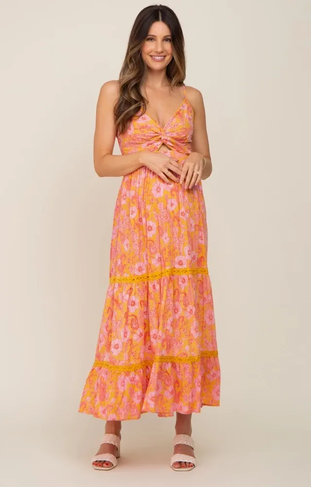 Yellow Floral Front Knot Cutout Crochet Trim Maternity Maxi Dress