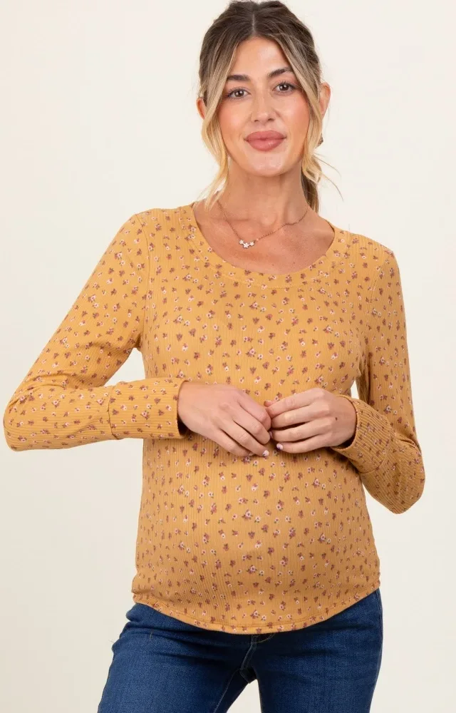 Yellow Floral Ribbed Long Sleeve Maternity Top