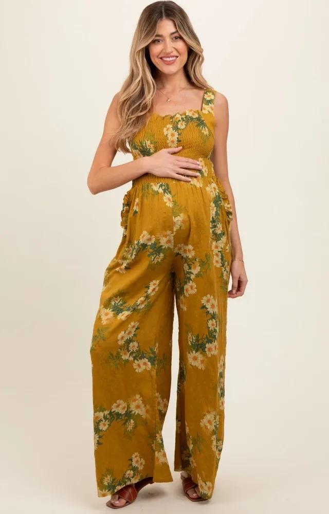 Yellow Floral Smocked Maternity Jumpsuit