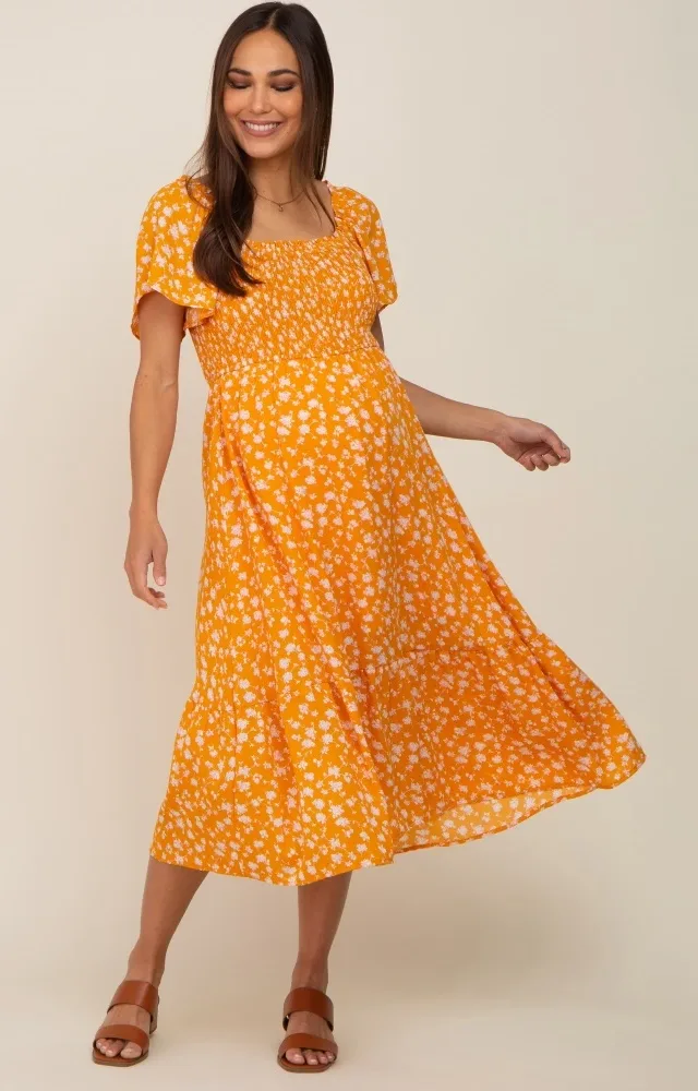 Yellow Floral Smocked Maternity Midi Dress