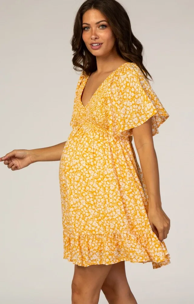 Yellow Floral Smocked Ruffle Maternity Dress